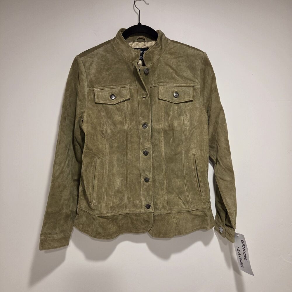 CHADWICKS Suede Leather Jacket 10 Womens Olive Button Up Blazer Classic NEW Y2K